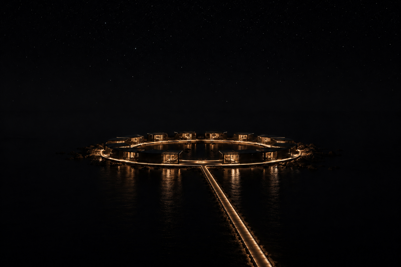 An ORIUM resort at night, lit entirely by its own power